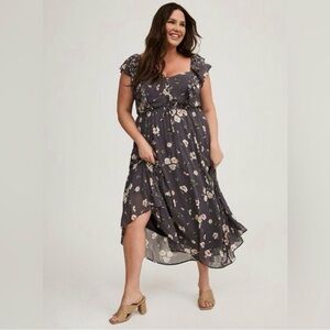 Torrid Maxi Ruffle Chiffon Dress Cynthia Rose Floral Gray Size 1X Feminine NWT